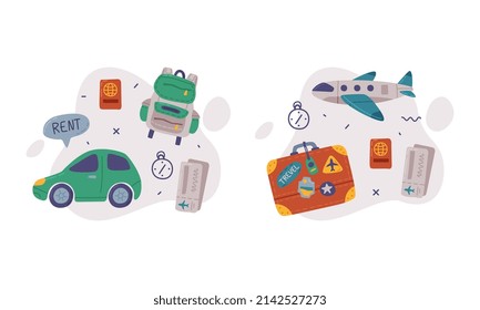 Trunk, Flight Ticket and Backpack as Travel and Tourist Item Vector Composition Set
