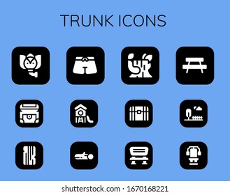 trunk icon set. 12 filled trunk icons. Included Elephant, Chest, Wood, Trunk, Park, Log, Bench icons