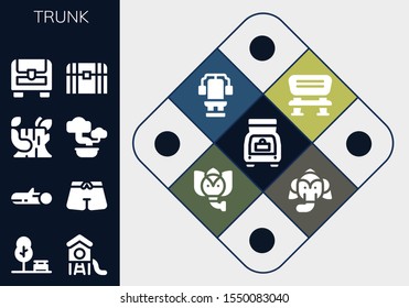 trunk icon set. 13 filled trunk icons.  Collection Of - Trunk, Park, Wood, Log, Bonsai, Chest, Bench, Elephant icons