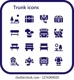  trunk icon set. 16 filled trunk icons. Simple modern icons about  - Park, Treasure, Elephant, Chest, Bench, Bonsai, Log
