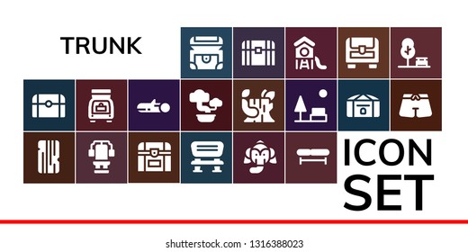 trunk icon set. 19 filled trunk icons.  Collection Of - Chest, Treasure, Wood, Bench, Elephant, Trunk, Bonsai, Log, Park