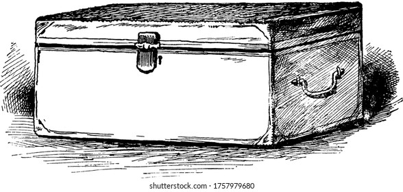 Trunk. It is a large, strong container that is used for storing clothes and personal possessions, vintage line drawing or engraving illustration.