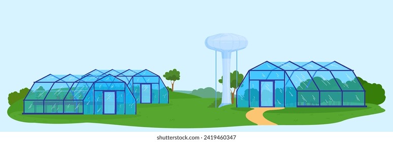Trunk tank, farm reservoir, countryside industry, traditional nature equipment, design, in cartoon style vector illustration. Agriculture container, old water tree, greenhouse structure, storage shed.