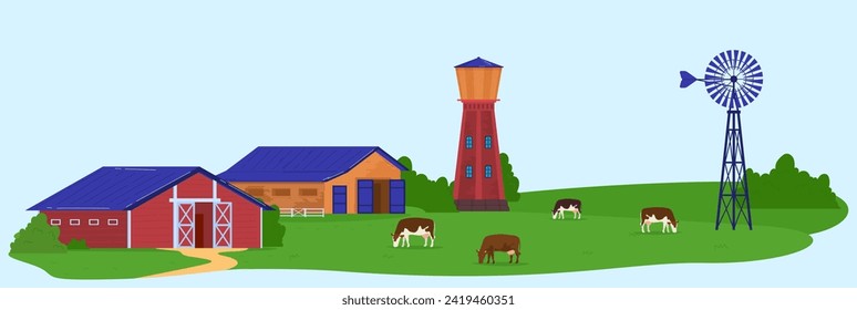 Trunk tank, farm reservoir, countryside industry, traditional nature equipment, design, in cartoon style vector illustration. Agriculture container, old water tree, greenhouse structure, storage shed.