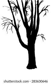 The trunk of the tree on a white background. The ink drawing. Editable Vector illustration.