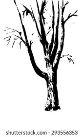 The trunk of the tree on a white background. The ink drawing. Editable Vector illustration.