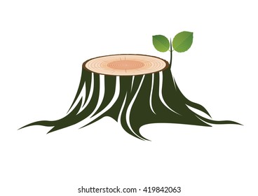 Trunk of wood and Green Leafs. Vector Illustration.