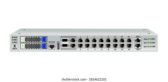 Trunking gateway E1, SIP with control system. Has 2 hard drives, 2 SFP ports, 2 Ethernet ports (RJ45), 16 E1 ports (RJ45), 2 sync ports. Vector illustration.