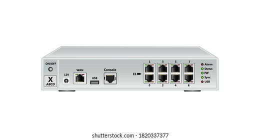 Trunking gateway E1, SIP. Has WAN port, USB port, Console port (RJ45), 8 E1 ports (RJ45). On a white background.  Vector illustration.