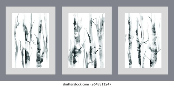Trunks of birch trees growing in dense thicket of natural park, on watercolor monochrome posters. Forest with birch trees with fallen leaves after onset of winter weather and cold snap