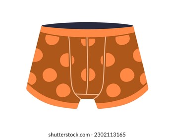 Trunks, men underwear. Mens shorts, boxers, underclothing design with circle print. Male knickers, briefs, undergarment, pants. Flat vector illustration isolated on white background