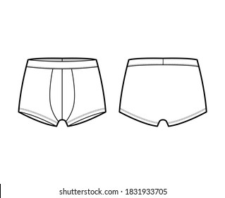 Trunks Underwear Technical Fashion Illustration With Elastic Waistband, Athletic-style Skin-tight. Flat Short-leg Boxer Briefs Underpants Template Front Back White Color. Women Men Unisex CAD Mockup