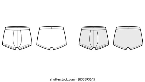 Trunks underwear technical fashion illustration with elastic waistband Athletic-style skin-tight. Flat short-leg boxer briefs lingerie template front back white grey color. Women men unisex CAD mockup