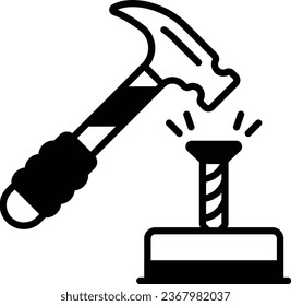 Trunnel with timber vector color icon design, Handyman Services symbol, House Repairing sign, Civil Engineering and Building Contractor stock illustration, Hammer Hitting on nail Head concept