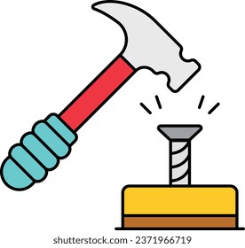 trunnel with timber vector color icon design, Handyman Services symbol, House Repairing sign, Civil Engineering and Building Contractor stock illustration, Hammer Hitting on nail Head concept
