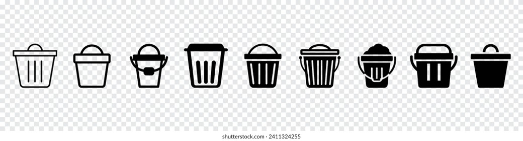 Icono de arrastre, vectores de icono de bote de basura, icono de vector de cubo, icono de contorno de cubo. Borrar iconos, iconos de la papelera de reciclaje