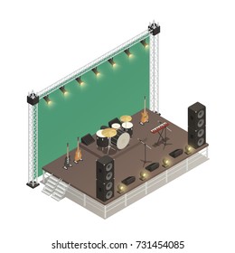 Truss construction of stage for street performance with audio amplifiers electric  guitars and percussion instruments isometric vector illustration 