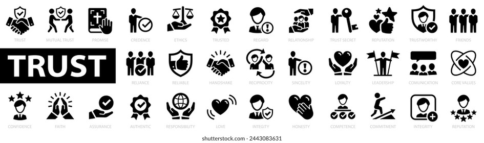 Trust 33 icon set. Promise, trustworthy, friends, truth, faith, sincerity, integrity, trust, reliable, authentic, commitment, regard, reputation and more. Vector illustration