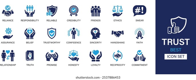 Trust best solid icon set collection. Reliance, responsibility, reliable, credibility, friends, ethics, assurance, belief, confidence, faith, handshake and vector illustration.