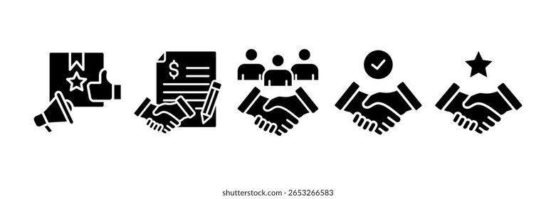 Vertrauen Business Icon Set Multiple Style Collection, Enthaltene Design-Markenbewusstsein, Geschäftspartnerschaft, Zusammenarbeit, guten Willen