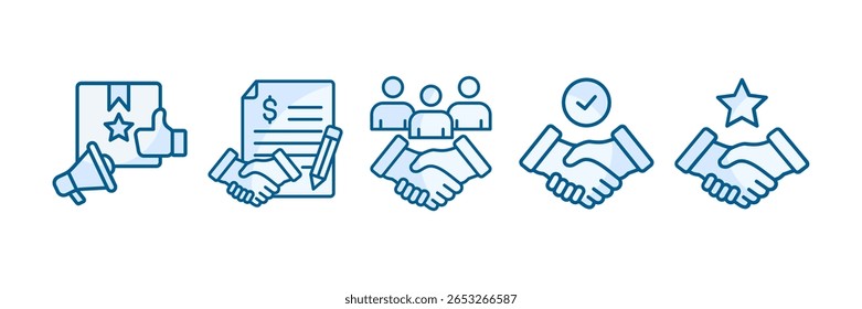 Vertrauen Business Icon Set Multiple Style Collection, Enthaltene Design-Markenbewusstsein, Geschäftspartnerschaft, Zusammenarbeit, guten Willen