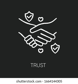 Trust chalk white icon on black background. Strong friendship, reliable partnership. Trustworthy business, interpersonal relationship. Handshake isolated vector chalkboard illustration