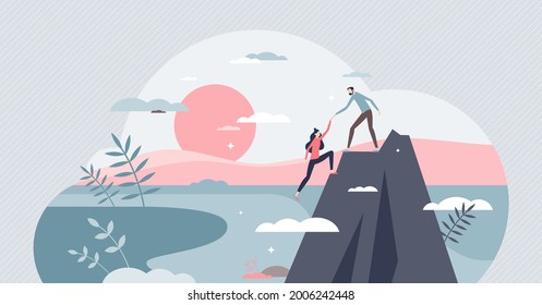 Trust As Confidence In Partner Support And Reliability Tiny Person Concept. Reliance And Belief In Loyal Attitude And Respect For Responsibility Vector Illustration. Giving Hand In Difficult Situation