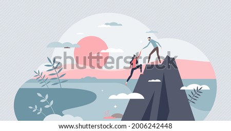 Trust as confidence in partner support and reliability tiny person concept. Reliance and belief in loyal attitude and respect for responsibility vector illustration. Giving hand in difficult situation
