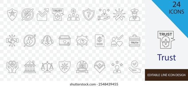 Trust editable line icon set. containing confidence, credibility, reliance, belief, assurance and more stroke design