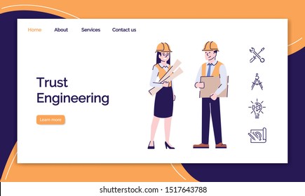 Trust engineering landing page template. Architect and contractor website interface with flat illustrations. Building development homepage layout. Construction industry web banner, webpage concept