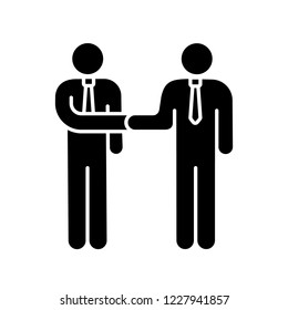 Trust glyph icon. Business deal. Partners. Partnership. Businessmen handshaking. Agreement. Job offer. Silhouette symbol. Negative space. Vector isolated illustration
