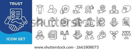 trust icon collection set. Containing confidence,integrity,reliability,loyalty,credibility,faith,assurance,commitment,honesty,respect icon. Simple line vector.