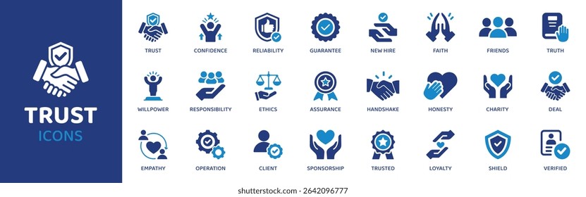 Trust - Icon Collection. Thin Line Set contains such Icons as Trust, Loyalty, Honesty, Integrity, Bond, Contract, Agreement and more. Simple web icons set.