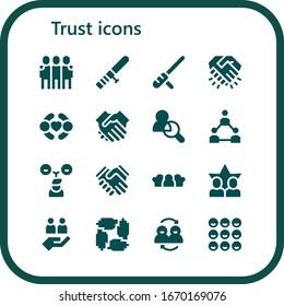 trust icon set. 16 filled trust icons. Included Friends, Baton, Handshake, Shake hands, Teamwork icons