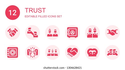 trust icon set. Collection of 12 filled trust icons included Handshake, Friendship, Friends, Safe box, Greeting, Hand shake