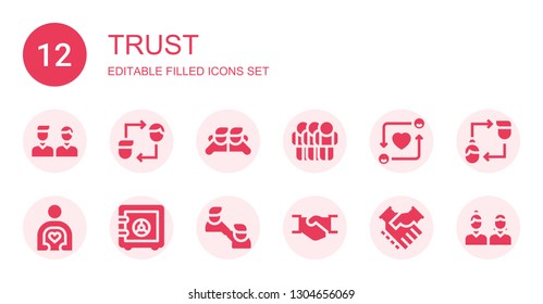 trust icon set. Collection of 12 filled trust icons included Friends, Friendship, Friend, Safe box, Handshake