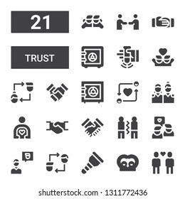 trust icon set. Collection of 21 filled trust icons included Friends, Wooden leg, Friendship, Friend, Handshake, Safe box, Shake