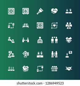 trust icon set. Collection of 25 filled trust icons included Handshake, Friendship, Friends, Friend, Shake, Safe box, Hand shake, Wooden leg