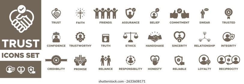 Trust icon set. confidence, credibility, promise, trustworthy, Trusted, Integrity, Reciprocity, Relationship, Swear, friends, truth, faith, sincerity and honesty. Vector solid icons collection.  