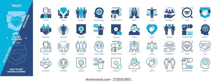 Trust icon set. Confidence, Freedom Press, Reliable, Sincerity, Honesty, Friendship, Distrust, Clarity. Duotone color solid and editable outline icons