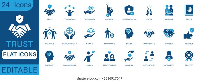 Trust icon set. Containing confidence, credibility, promise, trustworthy, friends, truth, faith, sincerity and honesty. perfect flat icon collection.