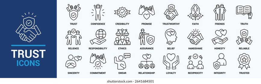 Trust icon set. Containing confidence, credibility, promise, trustworthy, friends, truth, faith, sincerity and honesty. Vector solid icons collection.