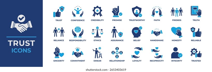 Ícone de confiança definido. Contendo confiança, credibilidade, promessa, confiança, amigos, verdade, fé, sinceridade e honestidade. Coleção de ícones planos de vetor.
