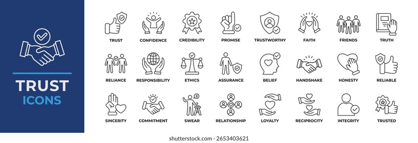 Ícone de confiança definido. Contendo confiança, credibilidade, promessa, confiança, amigos, verdade, fé, sinceridade e honestidade. Coleção de ícones de linha de vetor.