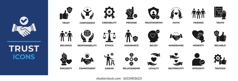 Ícone de confiança definido. Contendo confiança, credibilidade, promessa, confiança, amigos, verdade, fé, sinceridade e honestidade. Coleção de ícones sólidos de vetor.