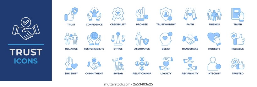 Ícone de confiança definido. Contendo confiança, credibilidade, promessa, confiança, amigos, verdade, fé, sinceridade e honestidade. Coleção de ícones azuis de linha de vetor.