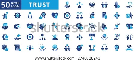 trust icon set flat contains authenticity, integrity, transparency, dependability, commitment, accountability, openness, respect, security, safety, assurance, reputation, goodwill, truth, sincerity