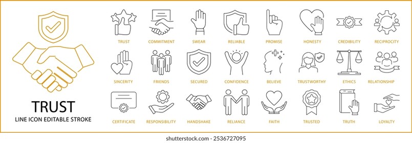 Ícone Confiável Definido no Estilo de Linha. Contendo aperto de mão, apoio, social, parceria, amizade, comunidade, negócios, etc. Ilustração de vetor.