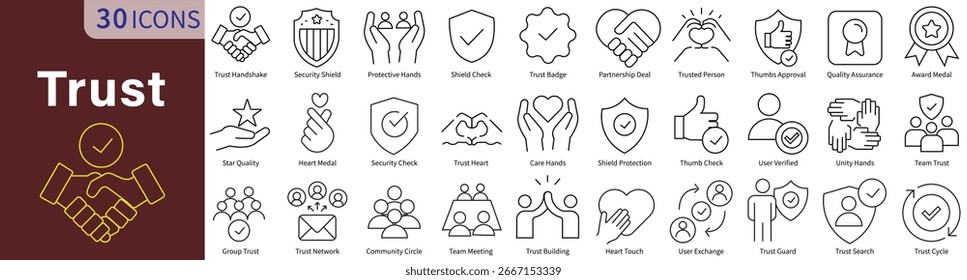 Trust Icon Set in Line Style with Editable Vector for Security, Reliability, Confidence, and Business Credibility