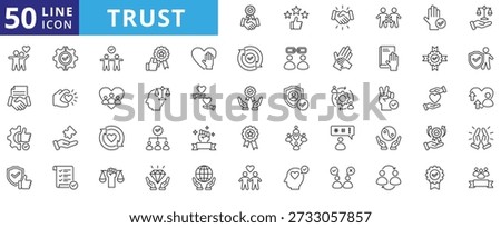 trust icon set outline contains authenticity, integrity, transparency, dependability, commitment, accountability, openness, respect, security, safety, assurance, reputation, goodwill, truth, sincerity